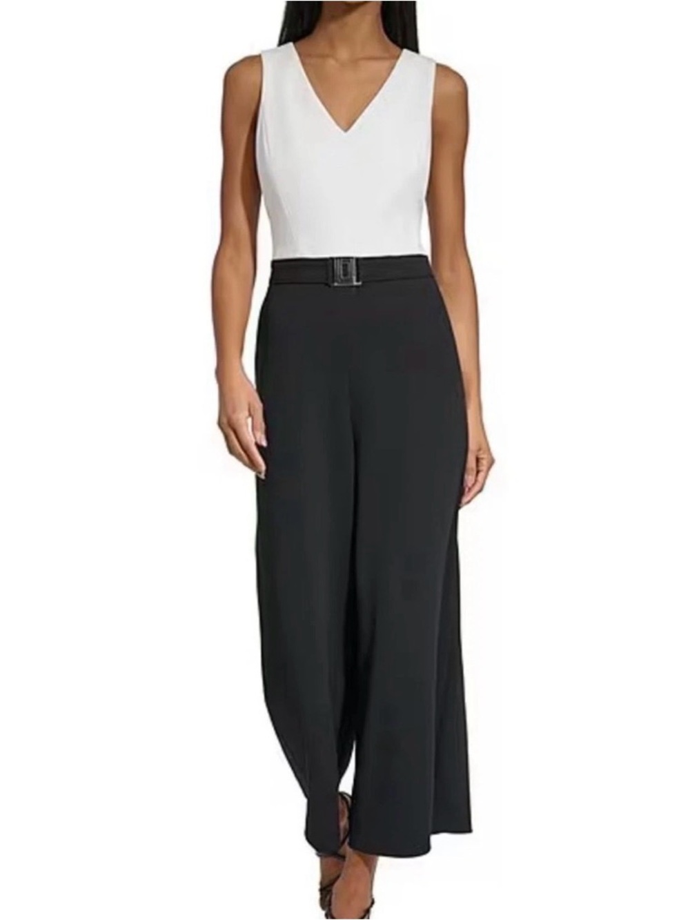 Karl Lagerfeld Black and White V-Neck Belted Jumpsuit